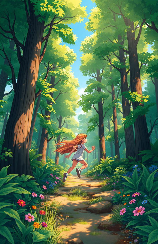 A vibrant book cover featuring a girl running through a lush, green forest