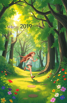 A vibrant book cover featuring a girl running through a lush, green forest