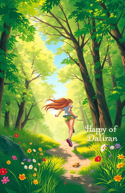 A vibrant book cover featuring a girl running through a lush, green forest