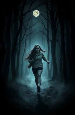 A dark and eerie forest setting where a young woman is running through the trees