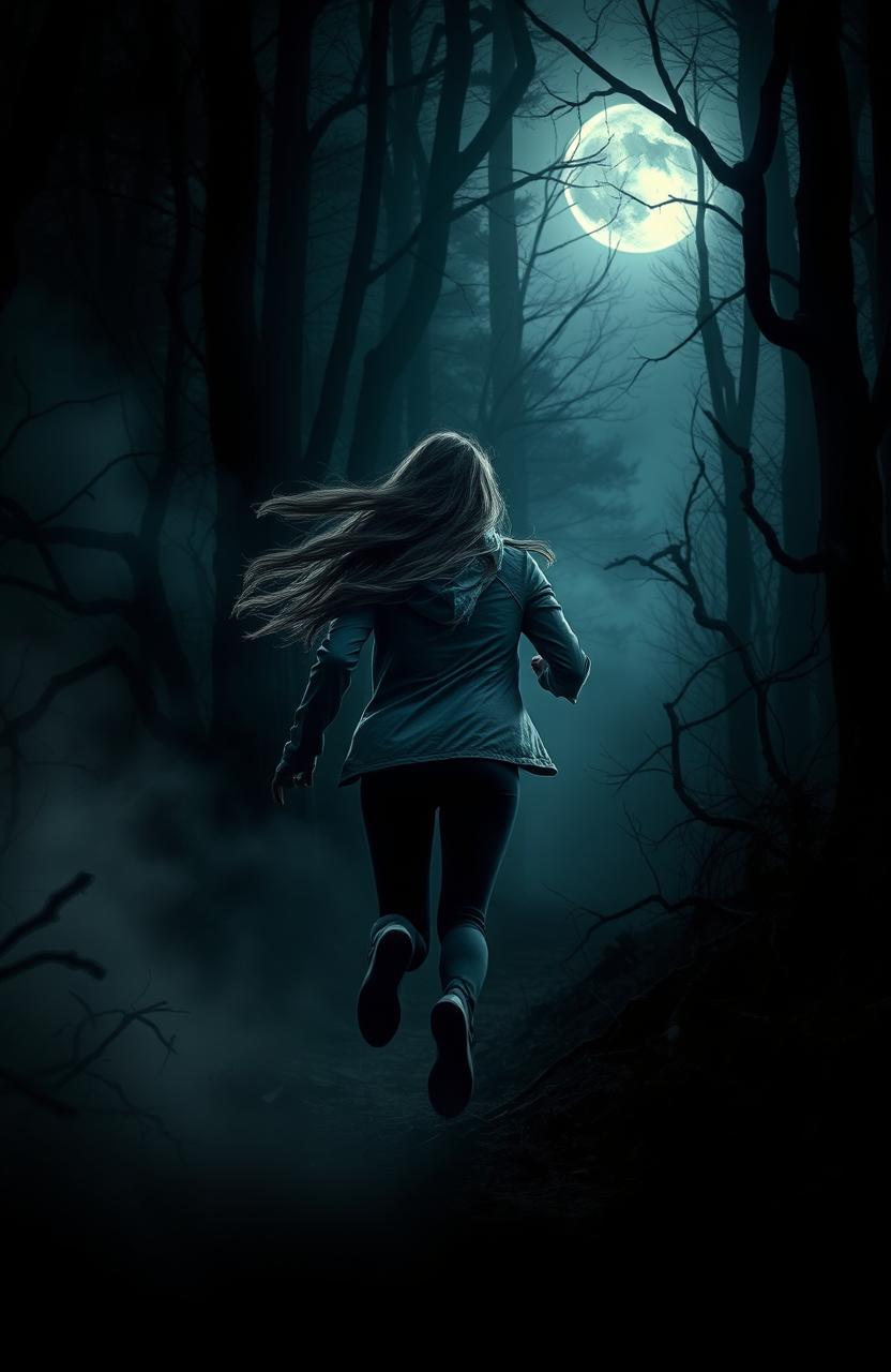 A dark and eerie forest setting where a young woman is running through the trees