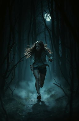A dark and eerie forest setting where a young woman is running through the trees