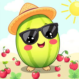 A kawaii watermelon character wearing a straw hat and black sunglasses, featuring a cute smiling face with big sparkling eyes and rosy cheeks