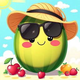 A kawaii watermelon character wearing a straw hat and black sunglasses, featuring a cute smiling face with big sparkling eyes and rosy cheeks