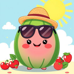 A kawaii watermelon character wearing a straw hat and black sunglasses, featuring a cute smiling face with big sparkling eyes and rosy cheeks