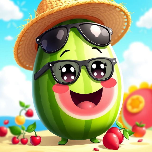 A kawaii watermelon character wearing a straw hat and black sunglasses, featuring a cute smiling face with big sparkling eyes and rosy cheeks