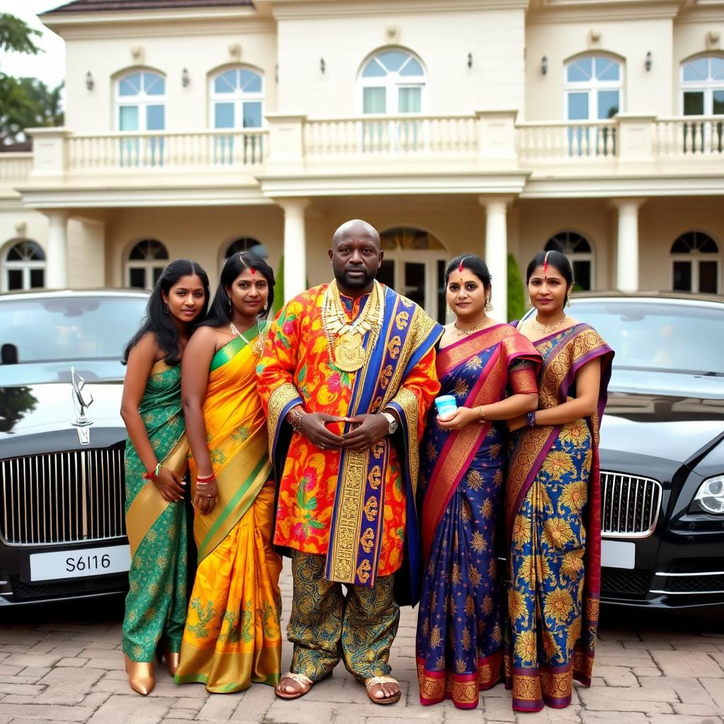 An African man dressed in vibrant traditional attire, adorned with numerous gleaming gold chains, stands confidently next to three large, luxurious cars parked in front of an impressive grand house