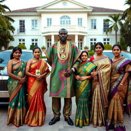 An African man dressed in vibrant traditional attire, adorned with numerous gleaming gold chains, stands confidently next to three large, luxurious cars parked in front of an impressive grand house