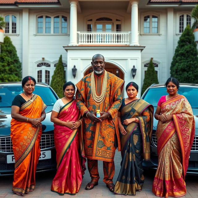 An African man dressed in vibrant traditional attire, adorned with numerous gleaming gold chains, stands confidently next to three large, luxurious cars parked in front of an impressive grand house