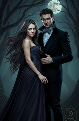 A beautifully captivating woman with flowing long hair and striking features, standing gracefully in a moonlit gothic setting