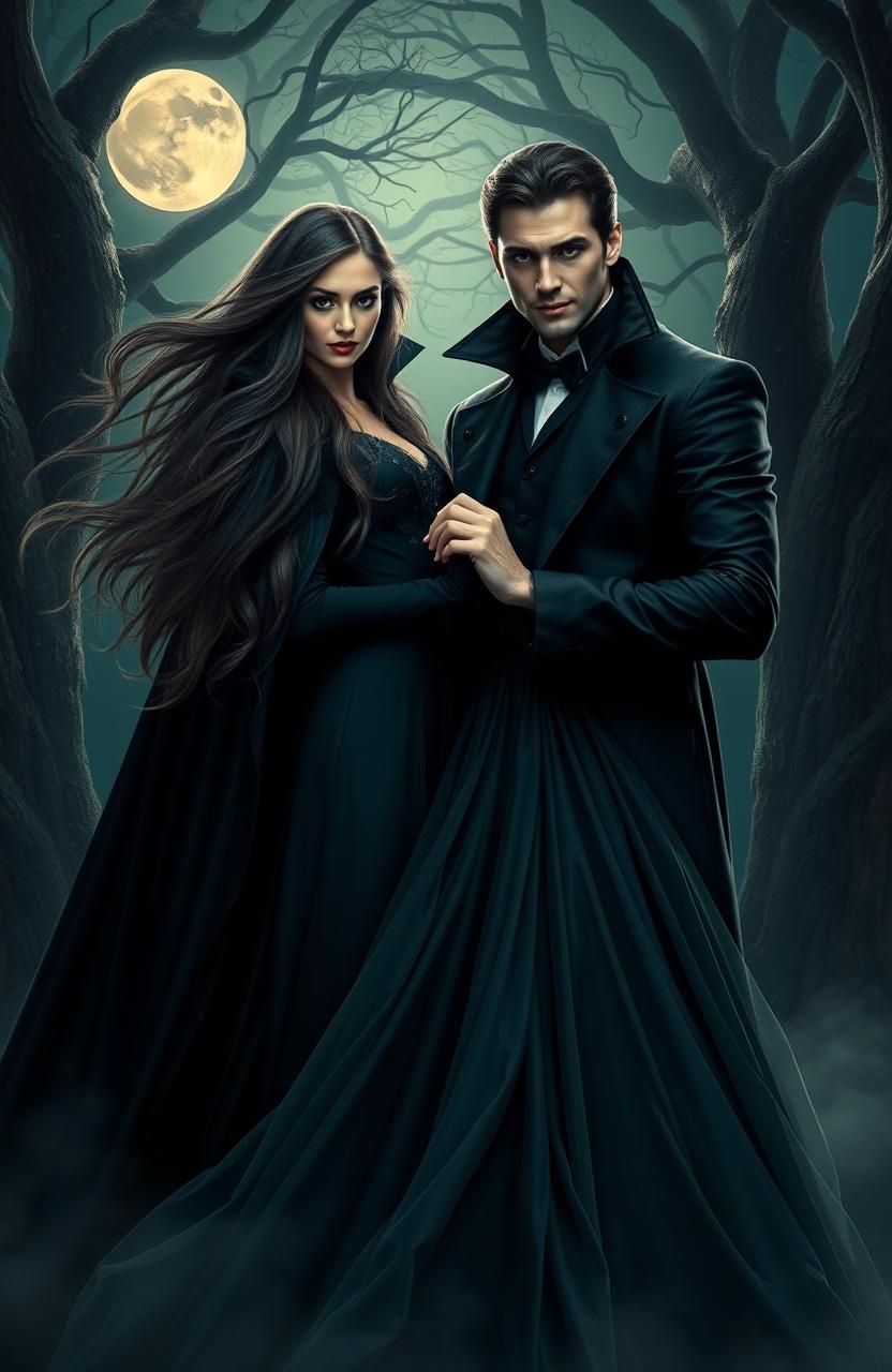 A beautifully captivating woman with flowing long hair and striking features, standing gracefully in a moonlit gothic setting