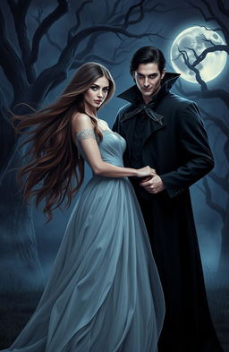 A beautifully captivating woman with flowing long hair and striking features, standing gracefully in a moonlit gothic setting