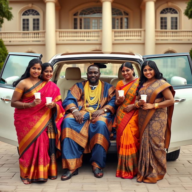 An African man dressed in vibrant traditional attire, adorned with numerous shining gold chains, is seated in a luxurious big car parked in front of an impressive grand house