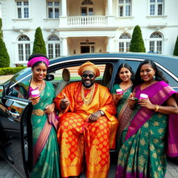 An African man dressed in vibrant traditional attire, adorned with numerous shining gold chains, is seated in a luxurious big car parked in front of an impressive grand house