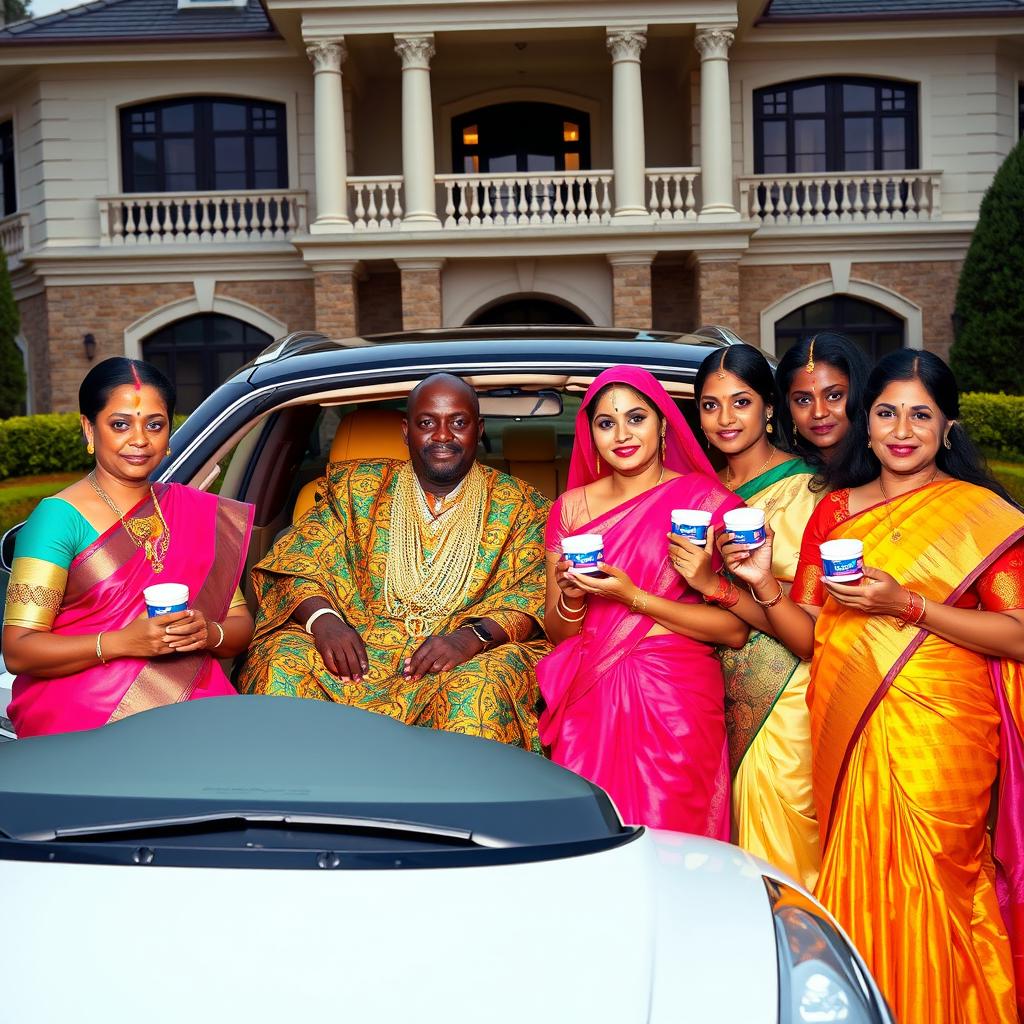 An African man dressed in vibrant traditional attire, adorned with numerous shining gold chains, is seated in a luxurious big car parked in front of an impressive grand house