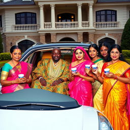 An African man dressed in vibrant traditional attire, adorned with numerous shining gold chains, is seated in a luxurious big car parked in front of an impressive grand house