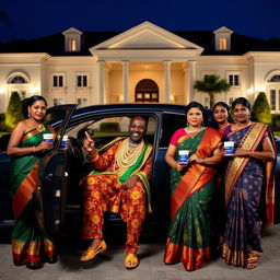 An African man dressed in vibrant traditional attire, adorned with numerous shining gold chains, is seated in a luxurious big car parked in front of an impressive grand house