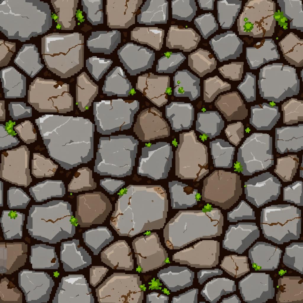 A seamless 32x32 pixel texture of a stone ground, showcasing a variety of natural stone colors including grays, browns, and hints of green