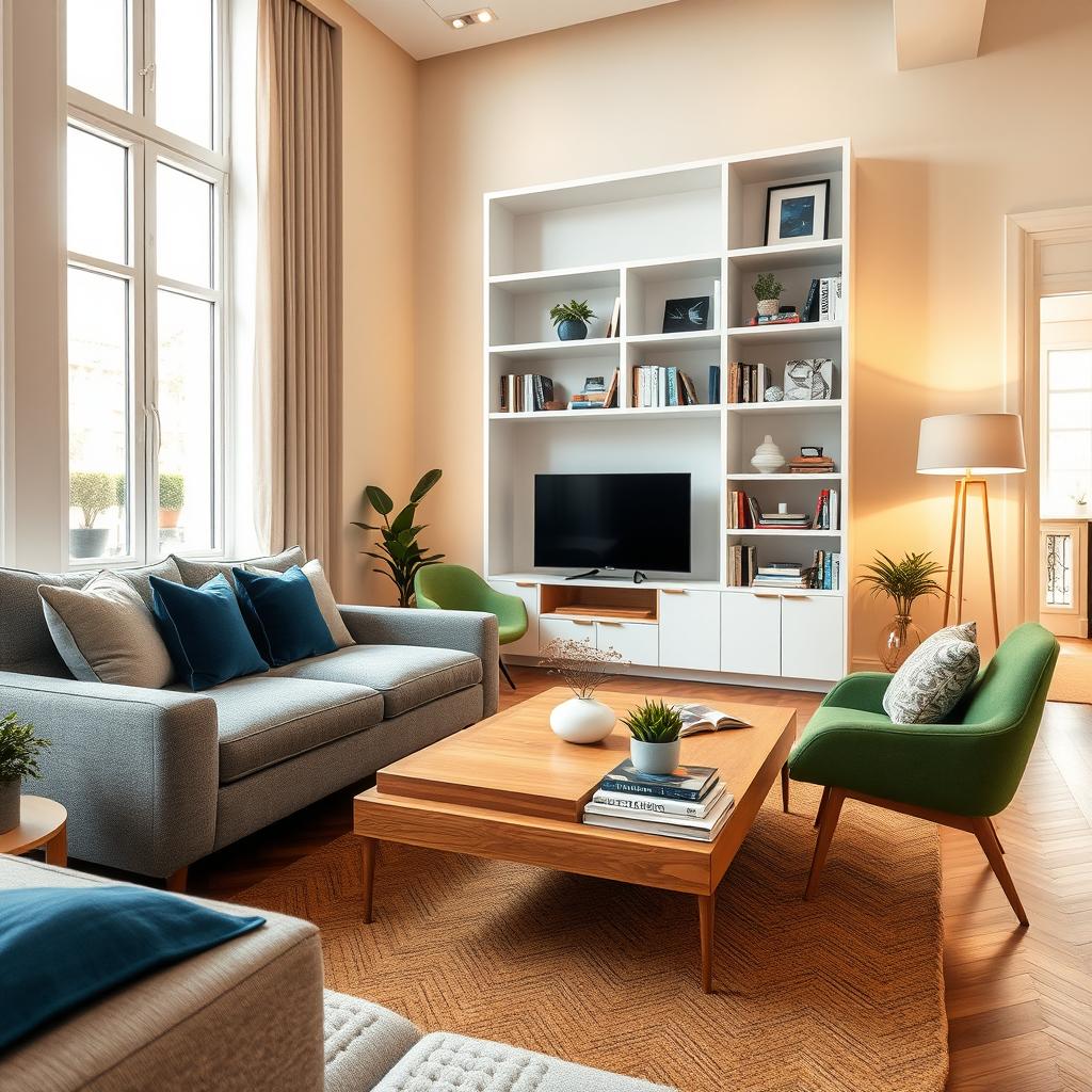 A beautifully designed apartment interior showcasing modern furniture, including a stylish gray fabric sofa, sleek minimalist coffee table in natural wood, and elegant white shelves filled with books and decorative items