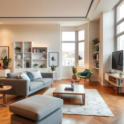 A beautifully designed apartment interior showcasing modern furniture, including a stylish gray fabric sofa, sleek minimalist coffee table in natural wood, and elegant white shelves filled with books and decorative items