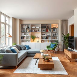A beautifully designed apartment interior showcasing modern furniture, including a stylish gray fabric sofa, sleek minimalist coffee table in natural wood, and elegant white shelves filled with books and decorative items