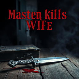 A striking book cover design featuring a dramatic scene depicting an ornate, vintage dagger lying against an old wooden table, with faint blood stains hinting at a dark narrative