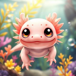 An adorable axolotl with oversized, big cute eyes that exude a sense of warmth and playfulness