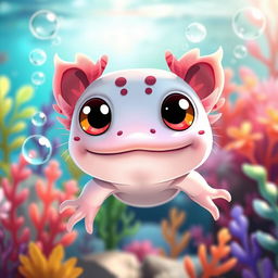 An adorable axolotl with oversized, big cute eyes that exude a sense of warmth and playfulness