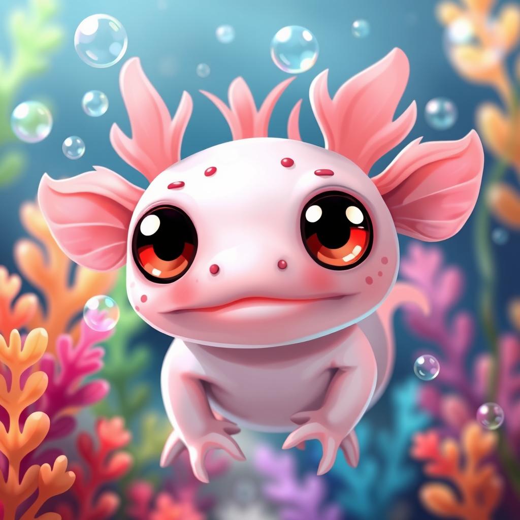 An adorable axolotl with oversized, big cute eyes that exude a sense of warmth and playfulness