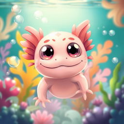 An adorable axolotl with oversized, big cute eyes that exude a sense of warmth and playfulness