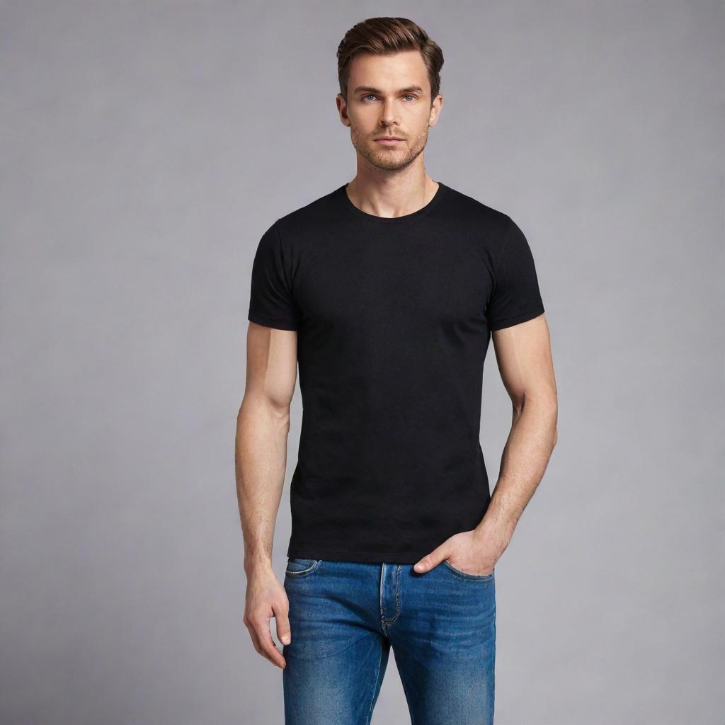 A black T-shirt made from high-quality cotton. It's well-fitted with a slightly shiny finish and seamless stitching.