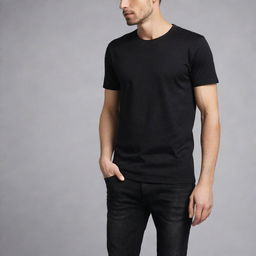 A black T-shirt made from high-quality cotton. It's well-fitted with a slightly shiny finish and seamless stitching.