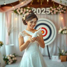 A wedding scene set in a cheerful atmosphere, featuring a beautiful bride holding a white dove in her hands