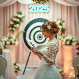 A wedding scene set in a cheerful atmosphere, featuring a beautiful bride holding a white dove in her hands