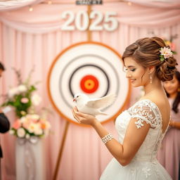 A wedding scene set in a cheerful atmosphere, featuring a beautiful bride holding a white dove in her hands
