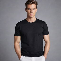 A black T-shirt made from high-quality cotton. It's well-fitted with a slightly shiny finish and seamless stitching.