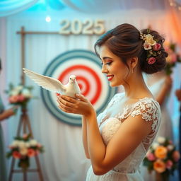 A wedding scene set in a cheerful atmosphere, featuring a beautiful bride holding a white dove in her hands