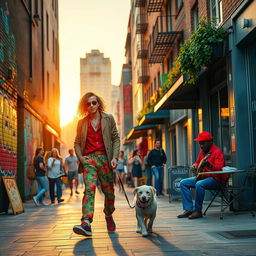 A vivid urban street scene depicting a lively city atmosphere, with colorful graffiti art on brick walls, bustling pedestrians going about their day, and cozy cafes lining the sidewalk