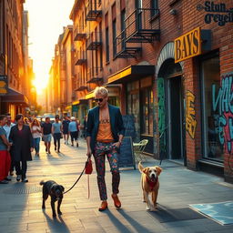A vivid urban street scene depicting a lively city atmosphere, with colorful graffiti art on brick walls, bustling pedestrians going about their day, and cozy cafes lining the sidewalk