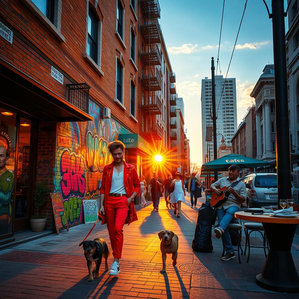 A vivid urban street scene depicting a lively city atmosphere, with colorful graffiti art on brick walls, bustling pedestrians going about their day, and cozy cafes lining the sidewalk