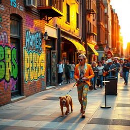 A vivid urban street scene depicting a lively city atmosphere, with colorful graffiti art on brick walls, bustling pedestrians going about their day, and cozy cafes lining the sidewalk