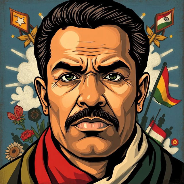 A portrait of Yahya Sinwar's face, depicted as a strong and serious icon