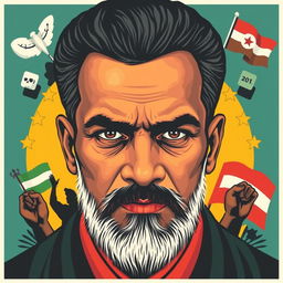 A portrait of Yahya Sinwar's face, depicted as a strong and serious icon