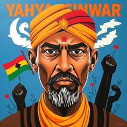 A portrait of Yahya Sinwar's face, depicted as a strong and serious icon