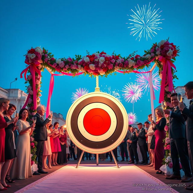 A vibrant and festive wedding scene set in Lenin's Square in 2025, featuring a beautifully decorated wedding arch adorned with flowers and ribbons