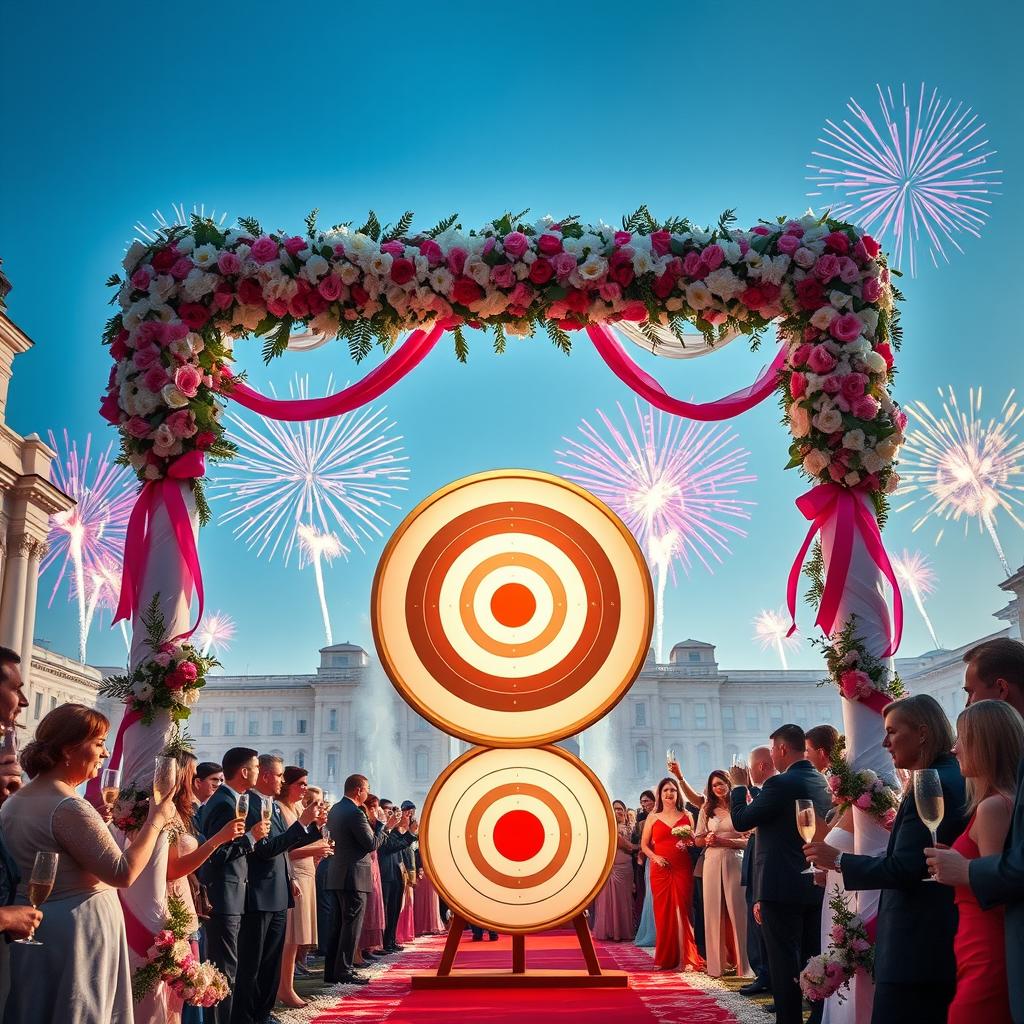 A vibrant and festive wedding scene set in Lenin's Square in 2025, featuring a beautifully decorated wedding arch adorned with flowers and ribbons