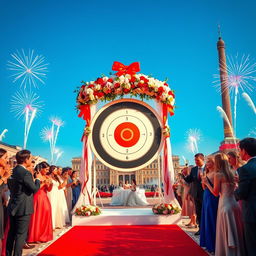 A vibrant and festive wedding scene set in Lenin's Square in 2025, featuring a beautifully decorated wedding arch adorned with flowers and ribbons