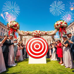 A vibrant and festive wedding scene set in Lenin's Square in 2025, featuring a beautifully decorated wedding arch adorned with flowers and ribbons