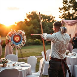 A stunning wedding scene set in Leninsk in 2025, where a romantic archery moment takes place