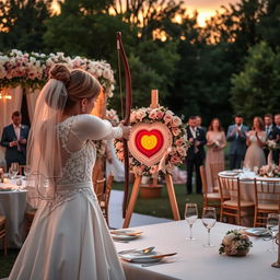 A stunning wedding scene set in Leninsk in 2025, where a romantic archery moment takes place